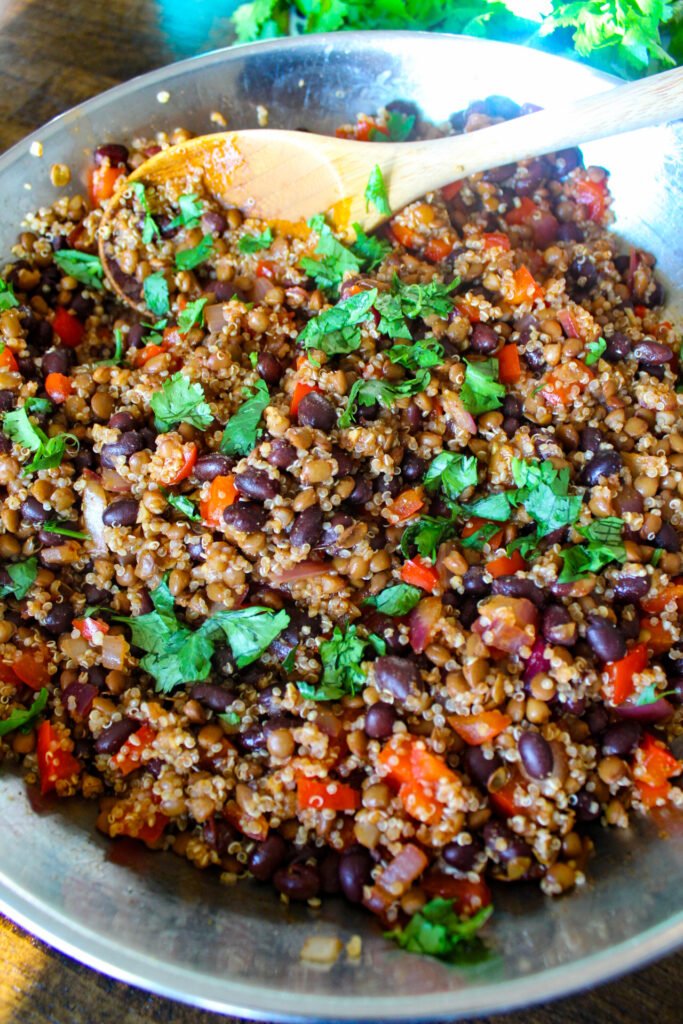 Vegan enchilada filling with black beans, lentils, and quinoa
