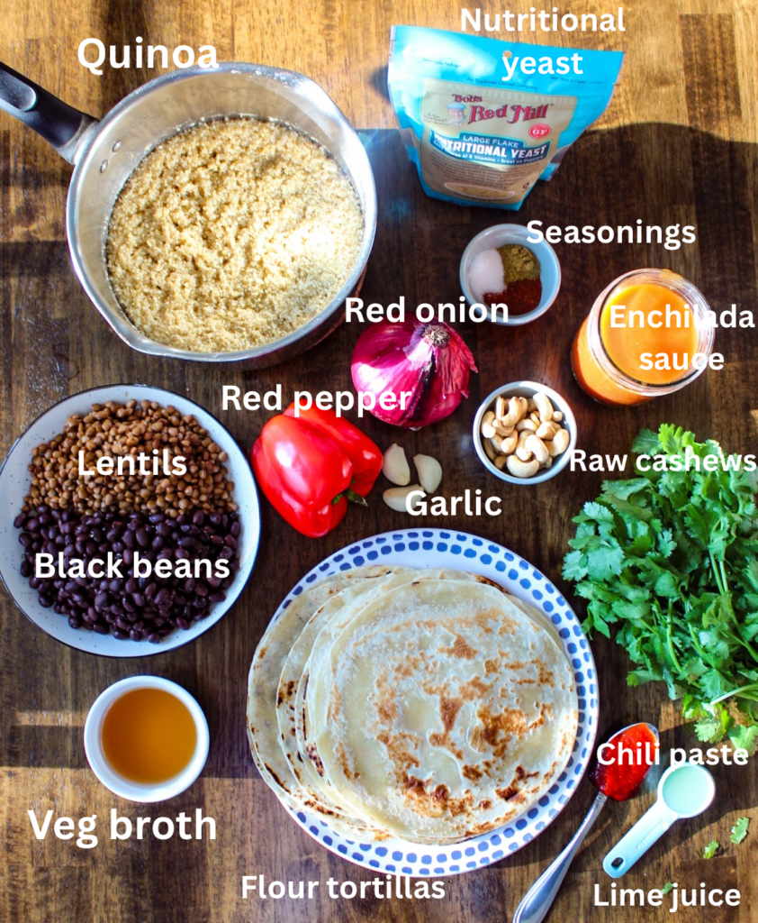 Ingredients for high-protein vegan enchiladas with black beans and lentils