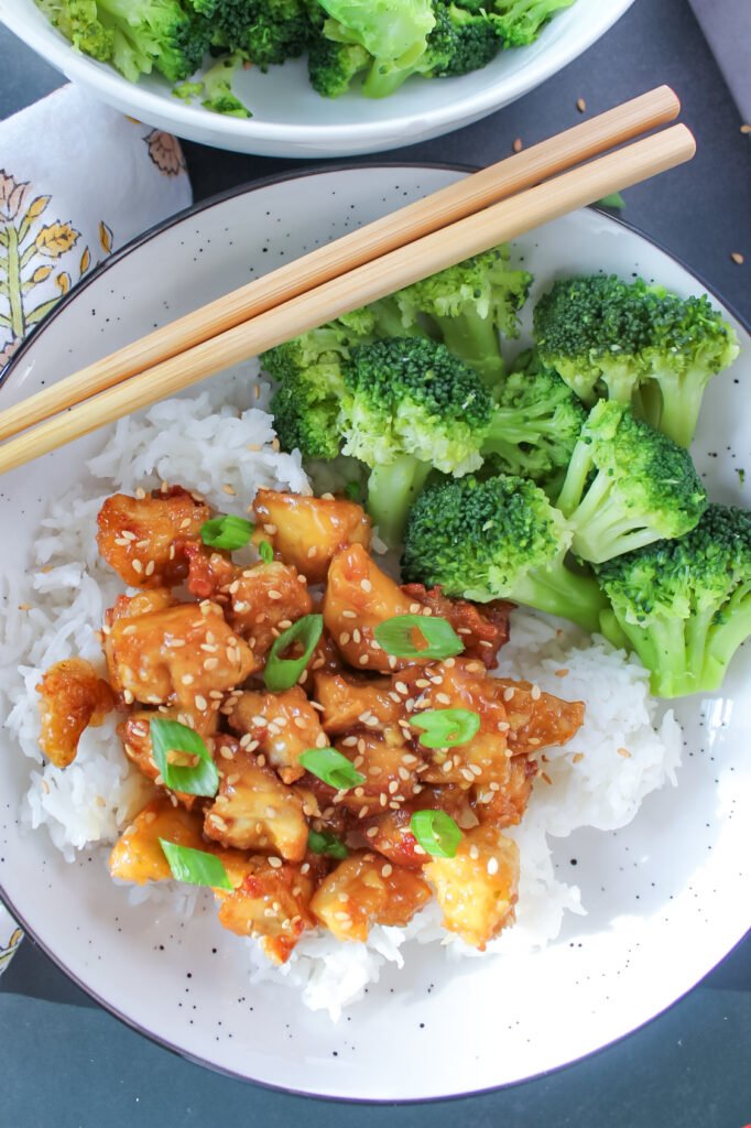 Crispy Orange Tofu with Rice and Broccoli