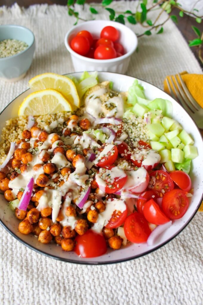 chickpea shawarma bowl lemon quinoa